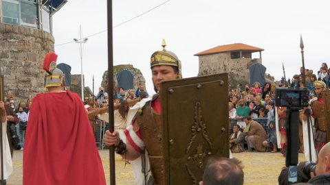 CASTRO URDIALES, Cantabria  SPAIN - APRIL 15, 2022: Video of Traditional Holy Week celebration in Spain with a real biblical representation of the Jesus Christ crucifixion on Good Friday