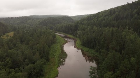 Beautiful river among green pine tree forest. Nature of South Ural region at Bashkortostan, Russia