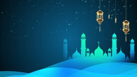 Eid or islamic new year 4K Video with mosque, stars, lanterns 4K Loop Background. Eid Al Adha Mubarak and Traditional Lanterns with Particle Lighting Fireworks moon Blue Animation. . Ramadan Kareem.