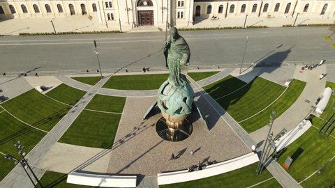 Belgrade , Serbia - 04 14 2022: Aerial View of Monument to Stefan Nemanja, Founder of the Medieval Serbian state in Front of Old Train Station