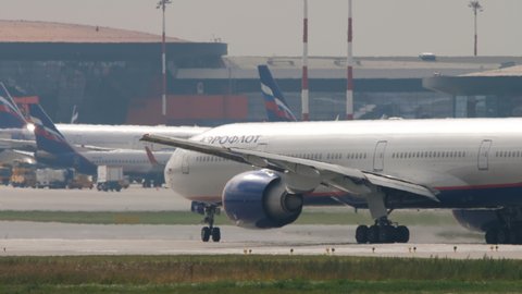 MOSCOW, RUSSIAN FEDERATION - JULY 29, 2021: Boeing 777, VQ-BQF of Aeroflot taxis on the runway at Sheremetyevo Airport (SVO).