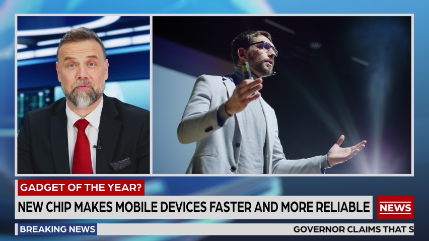 Split Screen TV News Live Report: Anchor Talks. Reportage Montage Covering: Press Conference Presentation of New High Tech Devices, AI Smartphone. Television Program Channel Playback. Luma Matte