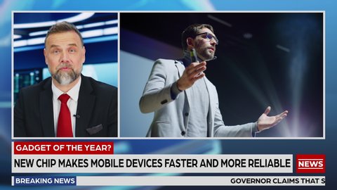 Split Screen TV News Live Report: Anchor Talks. Reportage Montage Covering: Press Conference Presentation of New High Tech Devices, AI Smartphone. Television Program Channel Playback. Luma Matte