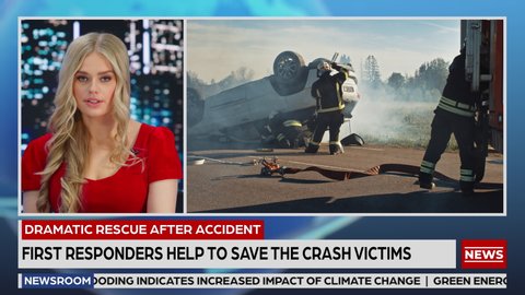 Breaking TV News Live Report: Anchor Talks. Split Screen Montage: Rescue Team Firefighters on Fire Engine Arrive on Car Crash Traffic Accident Scene. Television Program Channel Playback. Luma Matte