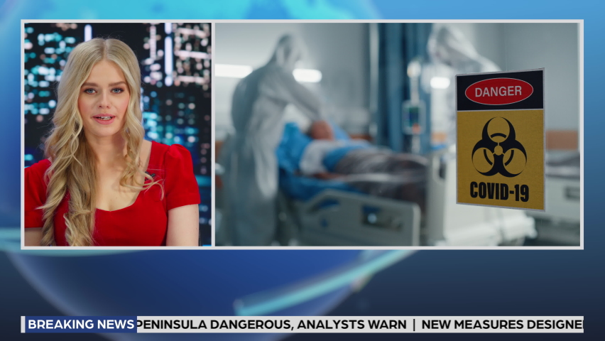 Split Screen TV News Live Report Anchor Talks. Covid-19 Crisis: Hospital Emergency, Doctors and Patients, Vaccination, Vaccine Production, Health Care. Television Program Channel Playback. Luma Matte | Shutterstock HD Video #1089405971