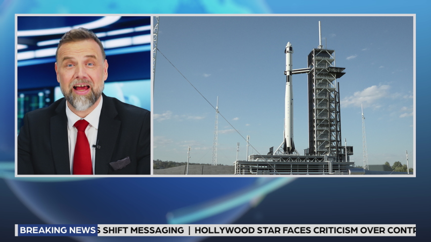 Split Screen TV News Live Report: Anchor Talks. Reportage Montage: Space Travel, Successful Rocket Launch with Astronaut, Control Room Celebrating. Television Program Channel Playback. Luma Matte | Shutterstock HD Video #1089405973