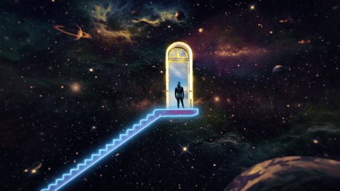 Woman Space Stairway Sky Portal Zoom In Planets. Woman on top of a space stairway leading to heavens gate. Cloudy sky portal