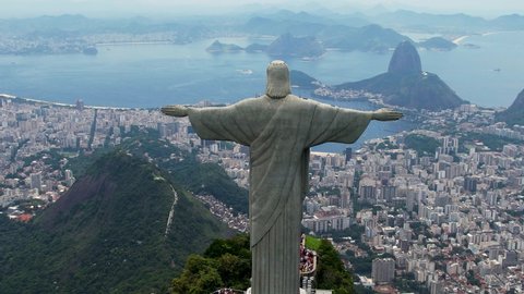 Rio de Janeiro, Rio de Janeiro, Brazil - 04.01.2022 - Panoramic view of Christ the Redeemer postcard at downtown Rio de Janeiro Brazil. 