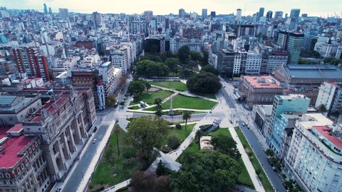 Famous square at downtown Buenos Aires, Argentina. Aerial landscape of tourism landmark downtown of capital of Argentina. Tourism landmark. Outdoor downtown city of Buenos Aires european style. 