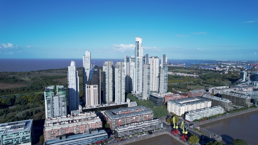 Enterprise offices towers at Puerto Madero harbor, Buenos Aires Argentina. Aerial landscape of tourism landmark downtown  capital Argentina. Tourism landmark. Outdoor downtown Buenos Aires city.