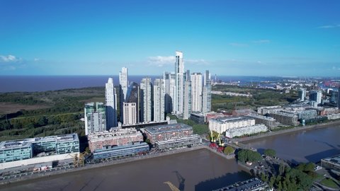 Enterprise offices towers at Puerto Madero harbor, Buenos Aires Argentina. Aerial landscape of tourism landmark downtown  capital Argentina. Tourism landmark. Outdoor downtown Buenos Aires city.