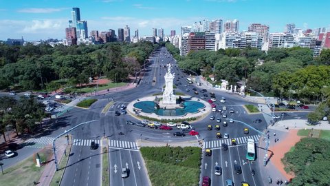 Carta Magna roundabout at Buenos Aires, Argentina. Aerial landscape of tourism landmark downtown of capital of Argentina. Tourism landmark. Road outdoor downtown city of Buenos Aires european style. 
