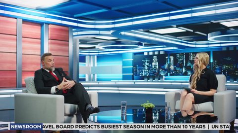 Talk Show TV Program Montage: Presenter and Celebrity Interview. Host and Guest Discuss Politics, Economy, Science, News, Entertainment, Upcoming Movie. Mockup Playback Cable Channel Television Studio