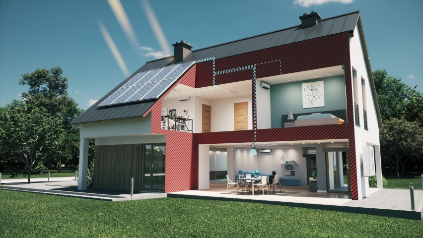 House electric system diagram. Green eco friendly house concept with solar energy panel. Solar cell system diagram Royalty-Free Stock Footage #1089409511