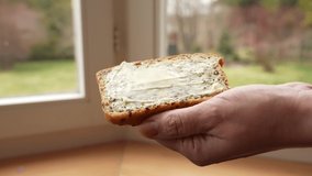Closeup view slow motion 4k video footage of woman holding slice of bread in hands. Sliced toast bread with butter isolated on blurry windows background. Simple breakfast concept
