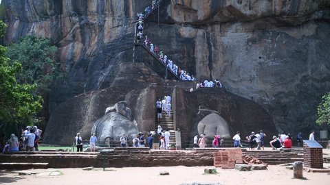 Sigiriya, Sri Lanka - March 2 2022: Tourists at The Sigiriya Rock in Sri Lanka