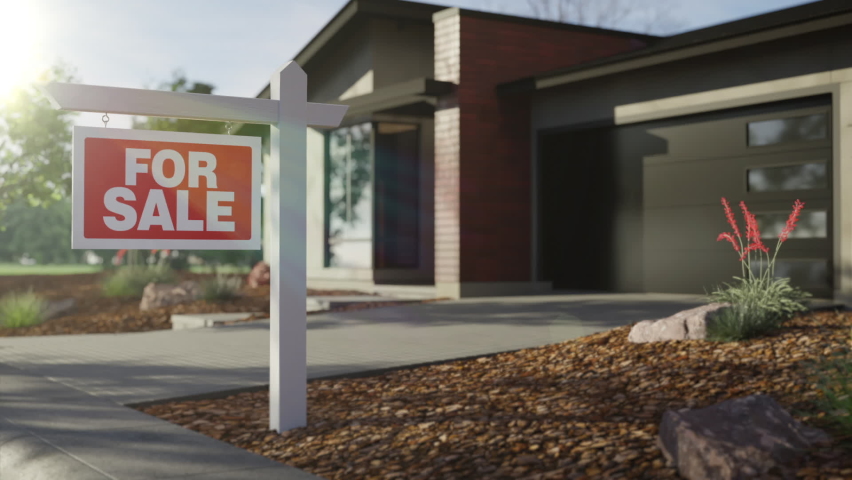Cinematic view of a for sale sign in front of modern home Royalty-Free Stock Footage #1089416045