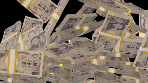 Many wads of money falling down on transparent background. 5000 Japanese Yen banknotes. Stacks of money. Financial and business concept. 