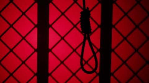 Gallows shadow close-up. Silhouette of rope with noose on red background, suicide. Horror film concept. 