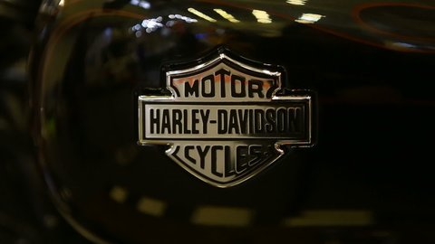 Kiev, Ukraine, 20 April 2018. Harley Davidson motorbike Logo close up.