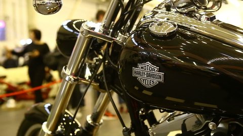 Kiev, Ukraine, 20 April 2018. Harley Davidson motorbike fuel tank with logo close up.