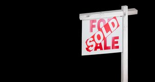 Animation of sold text on house for sale sign with gold confetti falling on black background. success, profit, finance and property business concept digitally generated video.