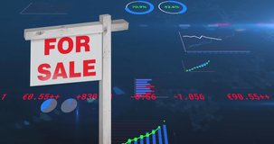 Animation of house for sale sign over financial data processing on blue background. investment, finance and property business concept digitally generated video.