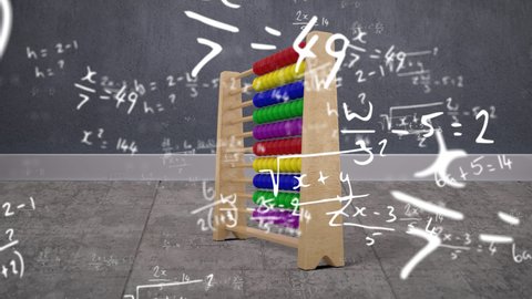 Animation of handwritten mathematical equations moving over abacus on grey background. education, knowledge and learning concept digitally generated video.