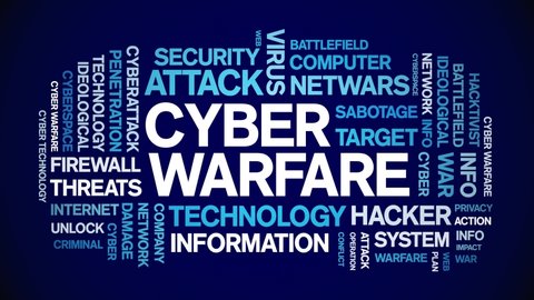 Cyber Warfare animated tag word cloud,text design animation kinetic typography seamless loop. 