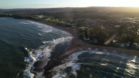 Sydney, Australia -04-15-2022: Mona vale Sunset Aerial Shot over Pool and Landscape