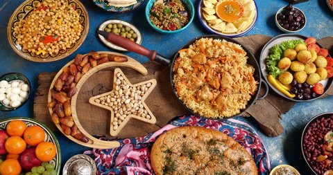 Traditional Middle Eastern Iftar food items. Iftar is the evening meal with which Muslims end their daily Ramadan fast at sunset