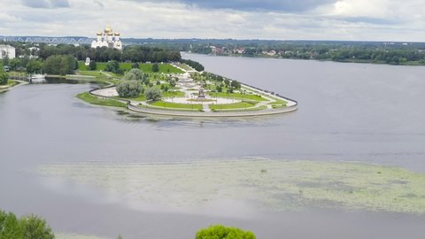 Dolly zoom. Yaroslavl, Russia. Strelka (Spit), Kotorosl flows into the Volga River, and where, according to legend, Prince Yaroslav the Wise founded the city of Yaroslavl, Aerial View