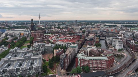 Establishing Aerial View Shot of Hamburg De, Mecklenburg-Western Pomerania, Germany, overcast, whole city