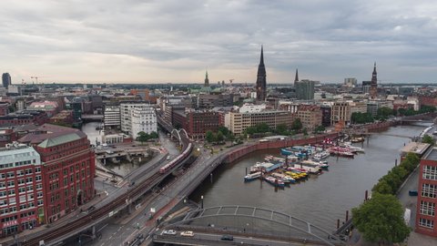 Establishing Aerial View Shot of Hamburg De, Mecklenburg-Western Pomerania, Germany, overcast, push over bridges