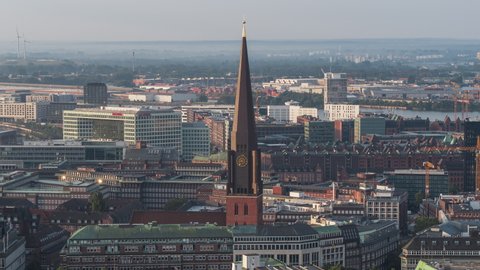 Establishing Aerial View Shot of Hamburg De, Mecklenburg-Western Pomerania, Germany, morning light