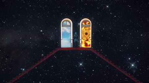 Space Stairway Woman Heaven Hell Gates Religious Concept. Woman facing spiritual doors of heaven and hell on top of stairways in deep space. Religious concept