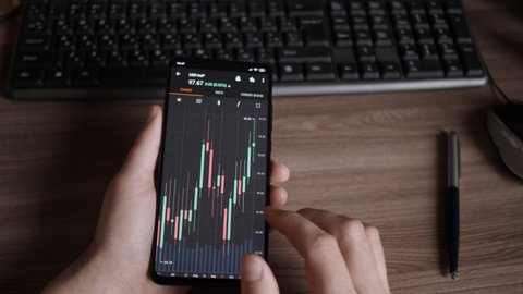 Crypto currency Bitcoin cryptocurrency Stock Exchange, Trading Online, Trader Working With Smartphone on Stock Market Trading Floor. Reading Financial Browse Foreign Exchange Market Data, Chart Forex.