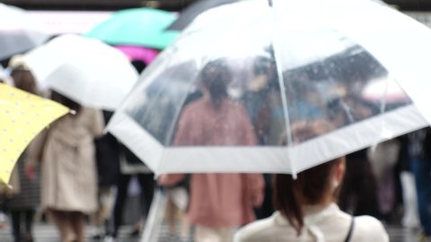 OSAKA, JAPAN - MAY 2021 : Back shot and unidentified crowd of people with umbrella, walking at the zebra crossing in rain. Slow motion shot. Japanese rainy season and city lifestyle concept video.