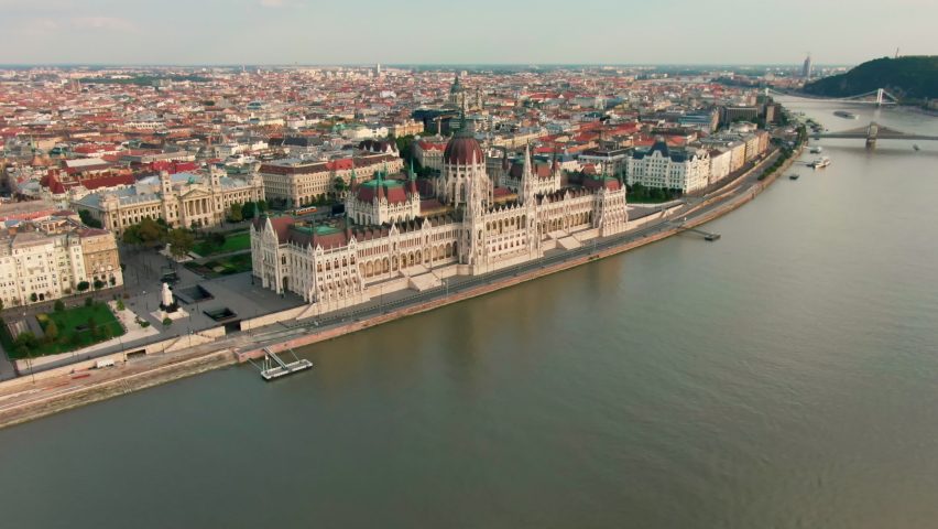 Aerial view of Budapest Parliament Building. Hungary Capital Cityscape at daytime. Travel, tourism and European Political Landmark Destination. 4K establishing panorama | Shutterstock HD Video #1089438661