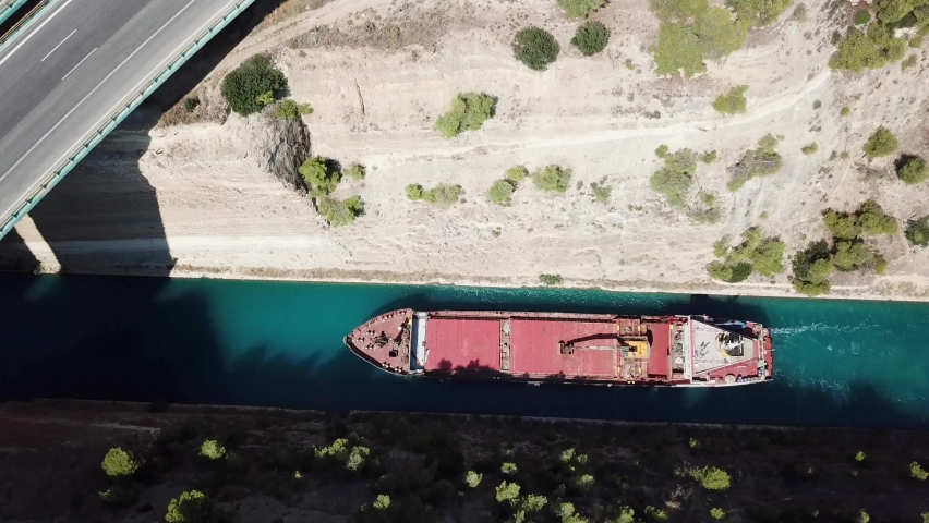 View from the top of a boat in the Corinth canal between greece and peloponnese