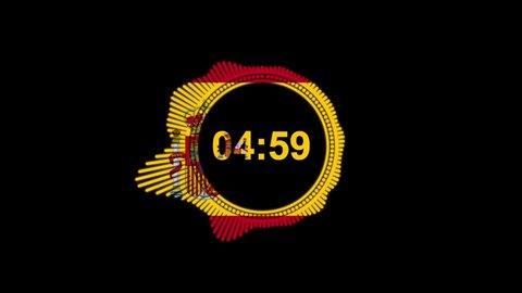 Five minutes countdown with Flag of Spain. 5 minute countdown. Timer. Countdown 5 minutes. five minute neon countdown. LCD pixels Texture of LED Display