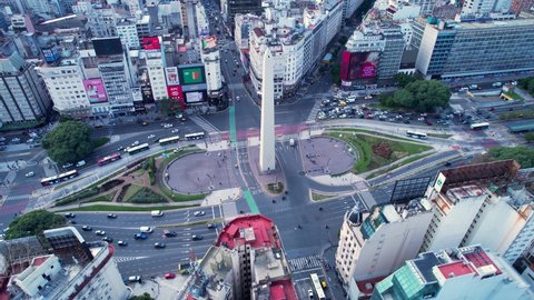 Buenos Aires, Buenos Aires, Argentina - 04.17.2022 - Aerial landscape of famous Obelisk at 9th July avenue at downtown Buenos Aires Argentina. Obelisk at downtown Buenos Aires Argentina.