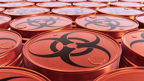 Realistic dolly camera looping 3D animation of the red toxic waste barrels with Biological hazard or Biohazard symbol rendered in UHD