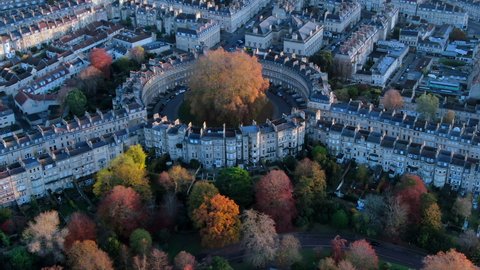 Aerial view over the Georgian city of Bath, The Circus, Somerset, England
