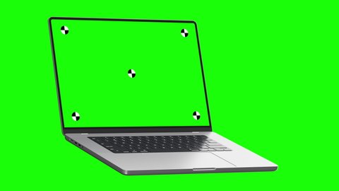 3d render of laptop moving in a green background with green screen with marks for tracking วิดีโอสต็อก
