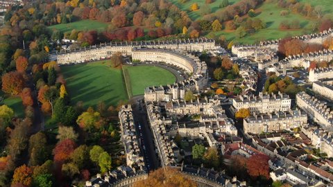 Aerial view over the Georgian city of Bath, The Circus and Royal Crescent, Somerset, England