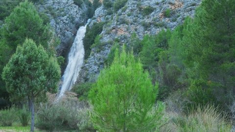 Beautiful large waterfall in a real time. Rocks, stones, green tress and bushes. Horizontal video.