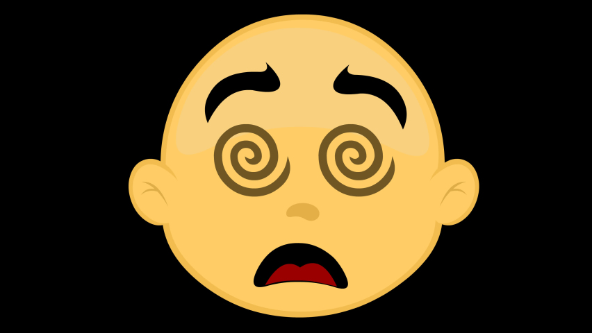 Loop animation of the face of a yellow and bald character, hypnotized with his eyes turning in a spiral shape. On a transparent background