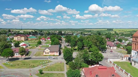 Urban settlement "Mir". Mir is a town in the Karelichy District of Grodno Region.  Aerial view. View from a height to the central square. Mir, Belarus. Landscape Of Village Houses.
