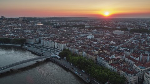Establishing Aerial View Shot of Lyon Fr, Auvergne-Rhone-Alpes, France wonderful sunrise over city